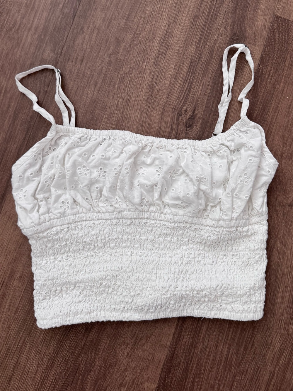 White Eyelet Smocked Cami Crop Top